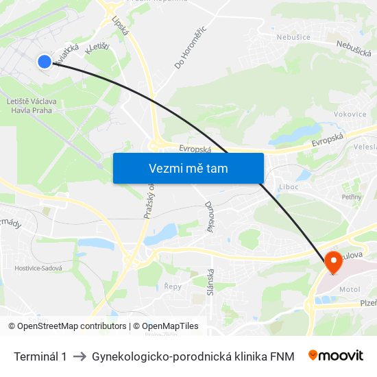 Terminál 1 to Gynekologicko-porodnická klinika FNM map