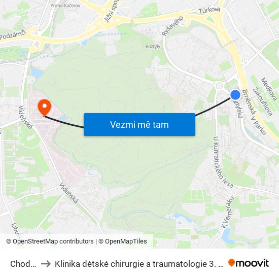 Chodov to Klinika dětské chirurgie a traumatologie 3. LF UK map