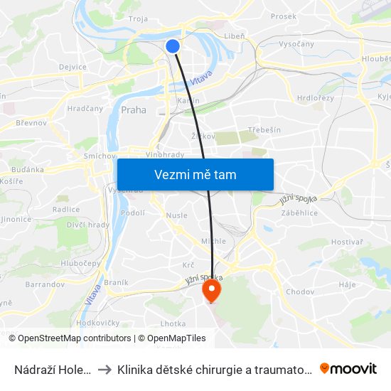 Nádraží Holešovice to Klinika dětské chirurgie a traumatologie 3. LF UK map