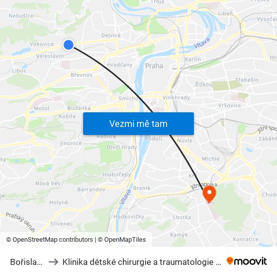 Bořislavka to Klinika dětské chirurgie a traumatologie 3. LF UK map