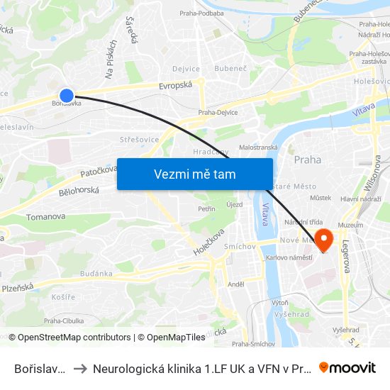Bořislavka to Neurologická klinika 1.LF UK a VFN v Praze map