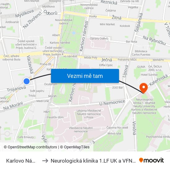 Karlovo Náměstí to Neurologická klinika 1.LF UK a VFN v Praze map