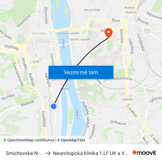 Smíchovské Nádraží to Neurologická klinika 1.LF UK a VFN v Praze map