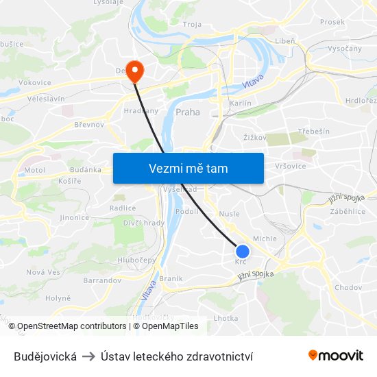 Budějovická to Ústav leteckého zdravotnictví map