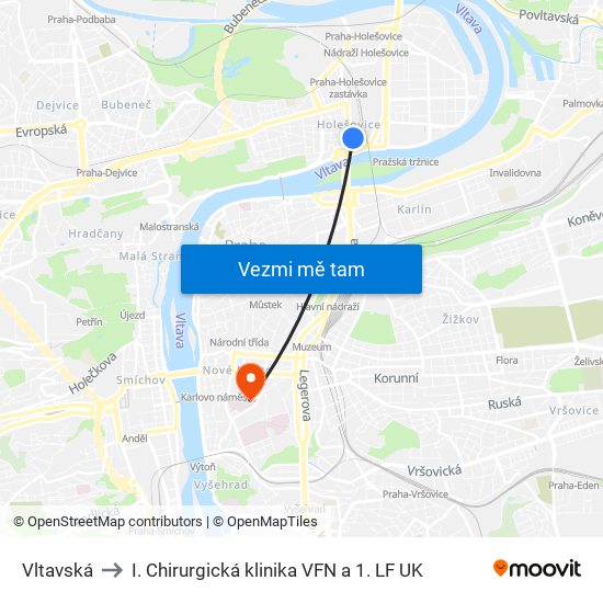 Vltavská to I. Chirurgická klinika VFN a 1. LF UK map