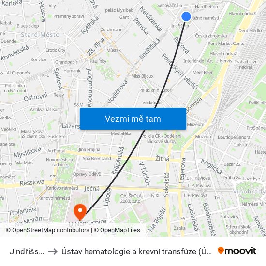 Jindřišská to Ústav hematologie a krevní transfúze (ÚHKT) map