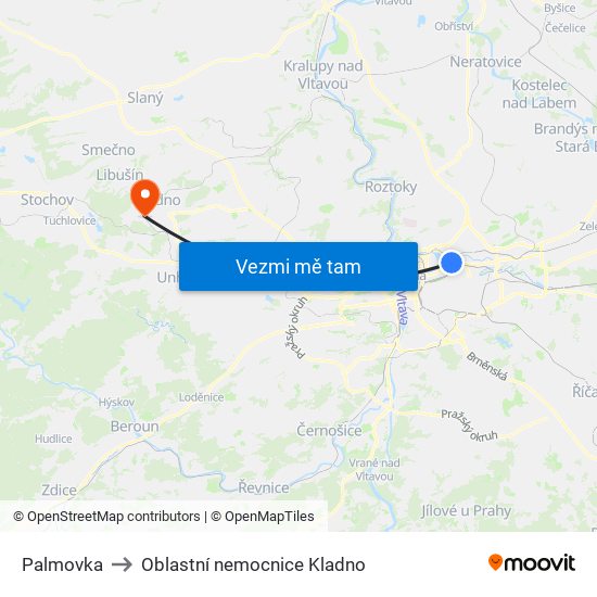 Palmovka to Oblastní nemocnice Kladno map