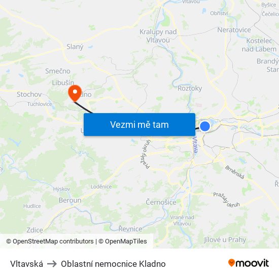 Vltavská to Oblastní nemocnice Kladno map