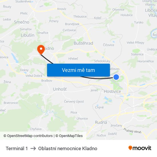 Terminál 1 to Oblastní nemocnice Kladno map