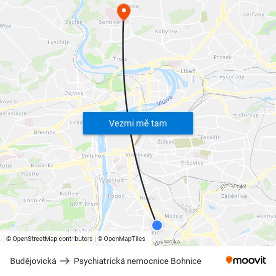 Budějovická to Psychiatrická nemocnice Bohnice map