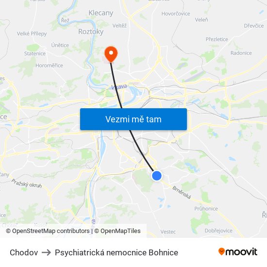 Chodov to Psychiatrická nemocnice Bohnice map