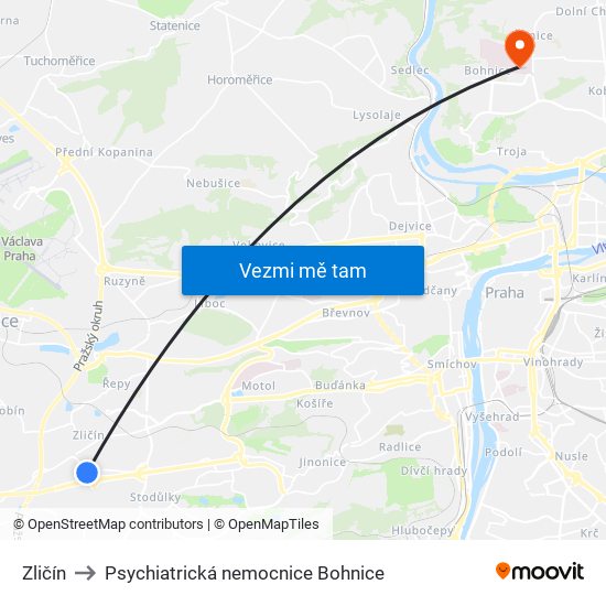 Zličín to Psychiatrická nemocnice Bohnice map