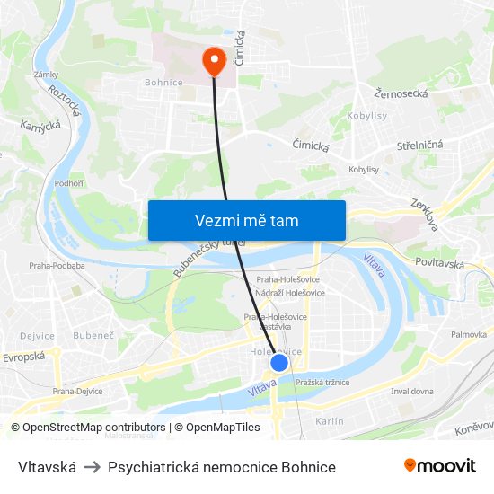 Vltavská to Psychiatrická nemocnice Bohnice map