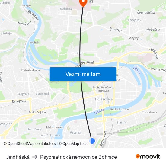 Jindřišská to Psychiatrická nemocnice Bohnice map