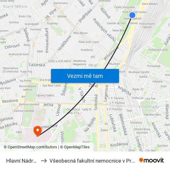 Hlavní Nádraží to Všeobecná fakultní nemocnice v Praze map