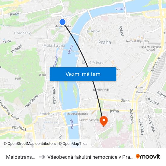 Malostranská to Všeobecná fakultní nemocnice v Praze map