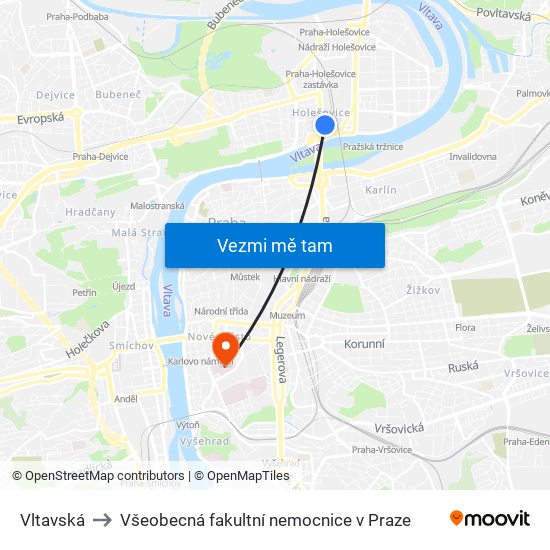 Vltavská to Všeobecná fakultní nemocnice v Praze map