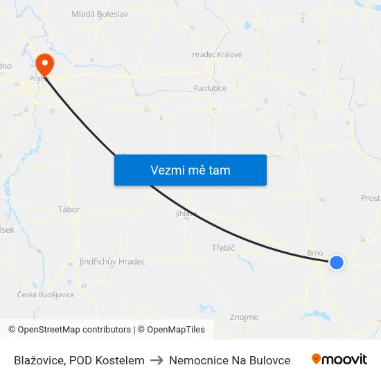 Blažovice, POD Kostelem to Nemocnice Na Bulovce map