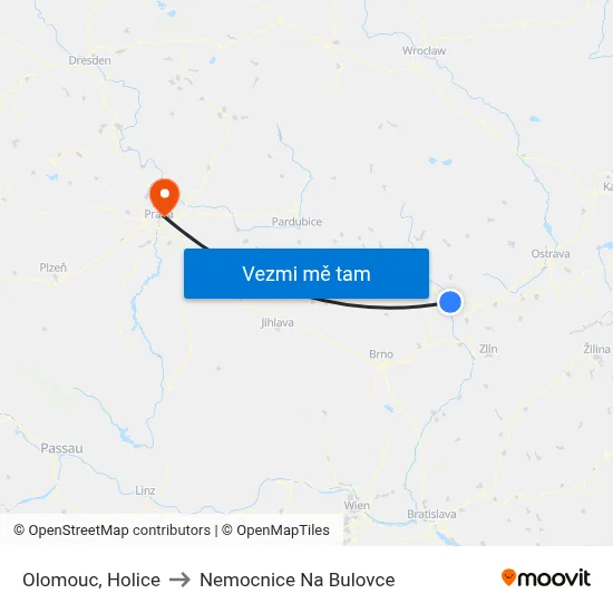 Olomouc, Holice to Nemocnice Na Bulovce map