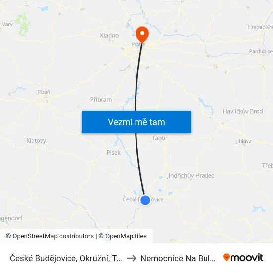 České Budějovice, Okružní, Točna to Nemocnice Na Bulovce map