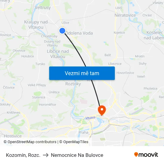 Kozomín, Rozc. to Nemocnice Na Bulovce map