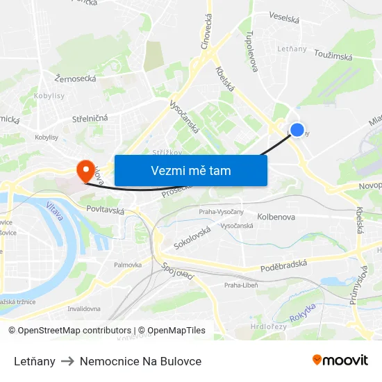 Letňany to Nemocnice Na Bulovce map