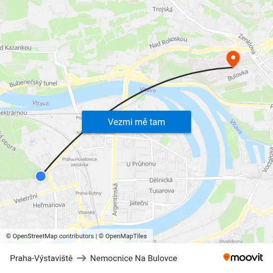 Praha-Výstaviště to Nemocnice Na Bulovce map