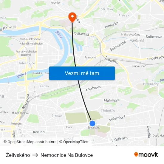 Želivského to Nemocnice Na Bulovce map