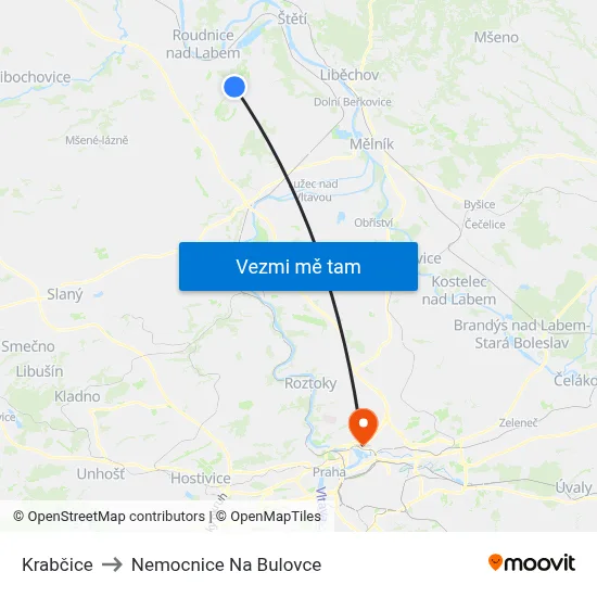 Krabčice to Nemocnice Na Bulovce map