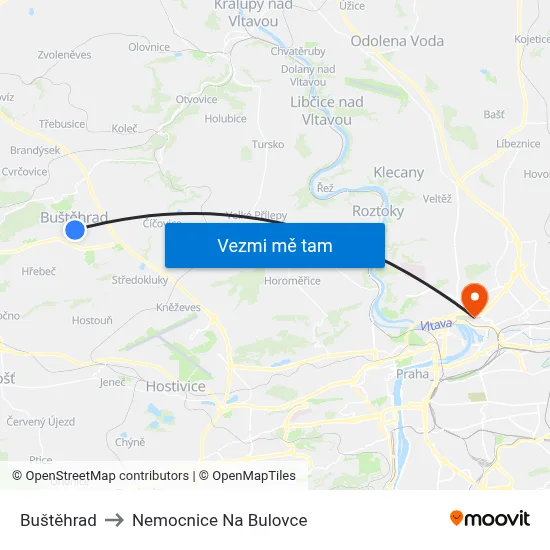 Buštěhrad to Nemocnice Na Bulovce map