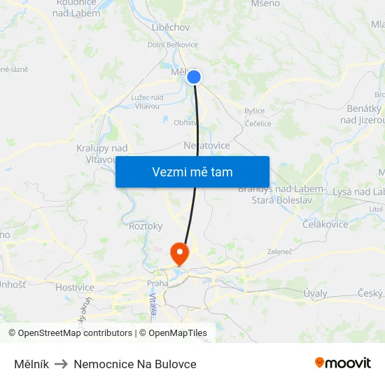 Mělník to Nemocnice Na Bulovce map