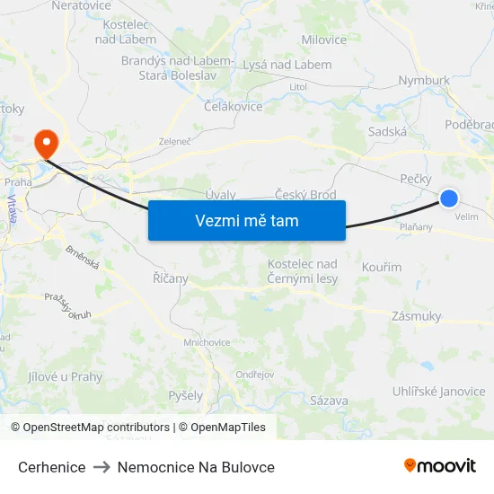 Cerhenice to Nemocnice Na Bulovce map