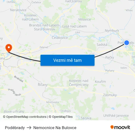 Poděbrady to Nemocnice Na Bulovce map
