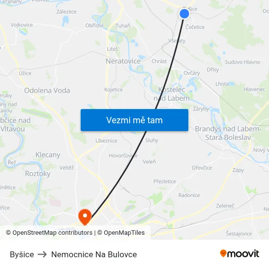 Byšice to Nemocnice Na Bulovce map