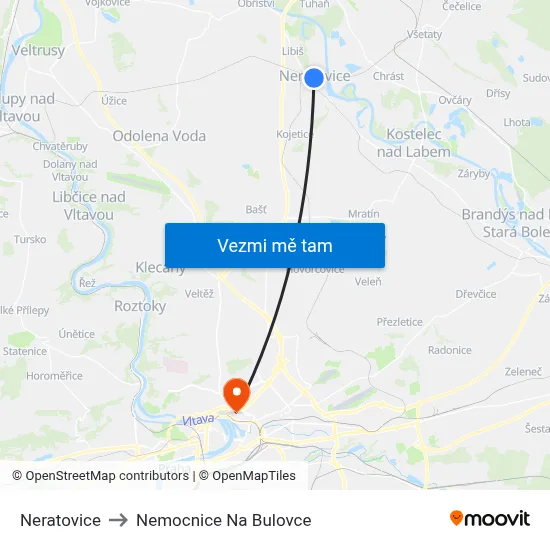 Neratovice to Nemocnice Na Bulovce map