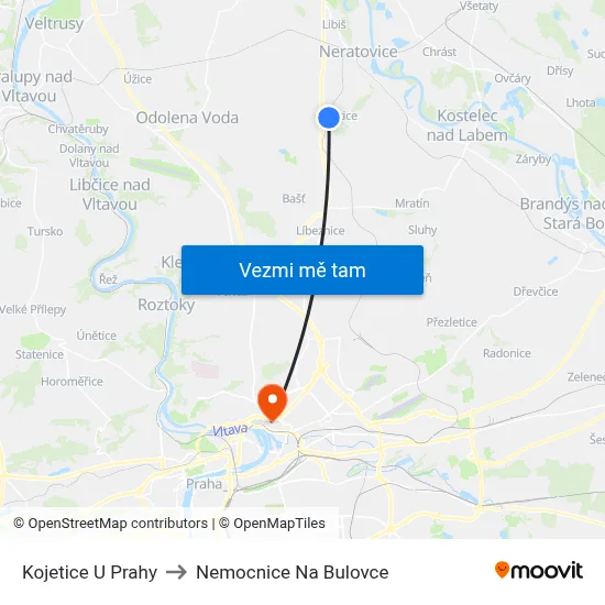 Kojetice U Prahy to Nemocnice Na Bulovce map