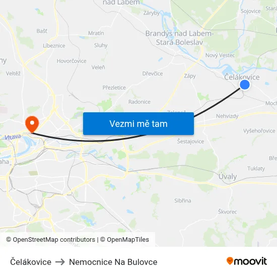 Čelákovice to Nemocnice Na Bulovce map