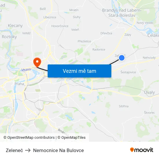 Zeleneč to Nemocnice Na Bulovce map