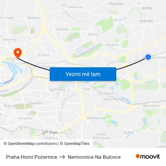 Praha-Horní Počernice to Nemocnice Na Bulovce map