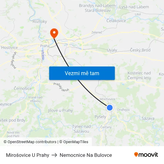 Mirošovice U Prahy to Nemocnice Na Bulovce map