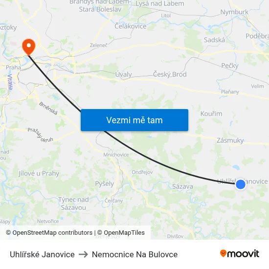 Uhlířské Janovice to Nemocnice Na Bulovce map