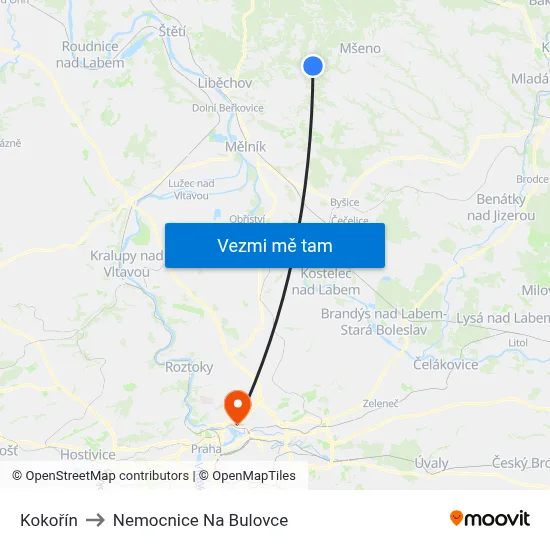 Kokořín to Nemocnice Na Bulovce map