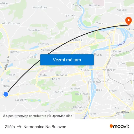 Zličín to Nemocnice Na Bulovce map