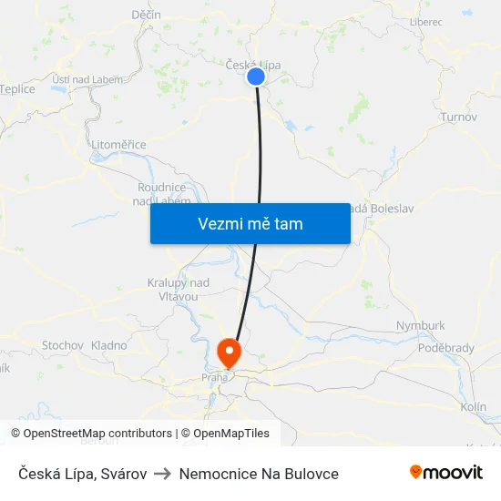 Česká Lípa, Svárov to Nemocnice Na Bulovce map