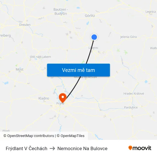 Frýdlant V Čechách to Nemocnice Na Bulovce map