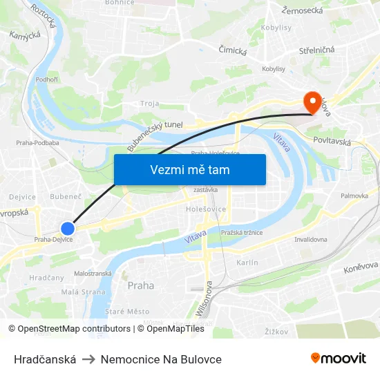 Hradčanská to Nemocnice Na Bulovce map