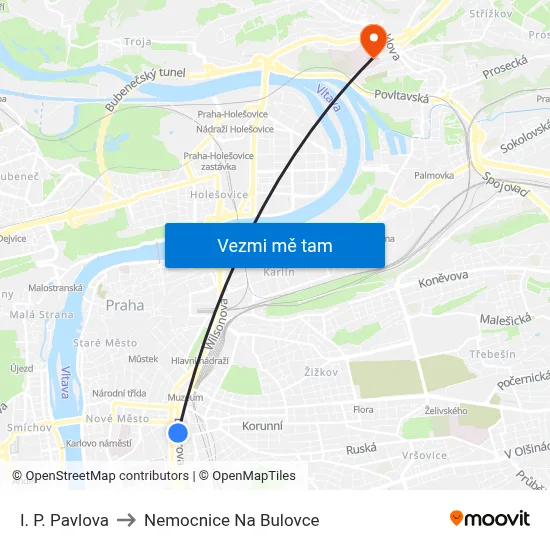 I. P. Pavlova to Nemocnice Na Bulovce map