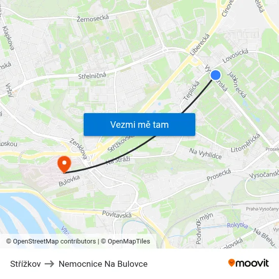 Střížkov to Nemocnice Na Bulovce map
