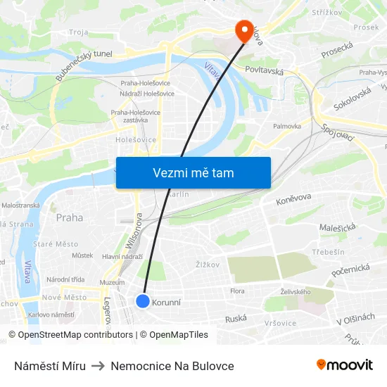 Náměstí Míru to Nemocnice Na Bulovce map