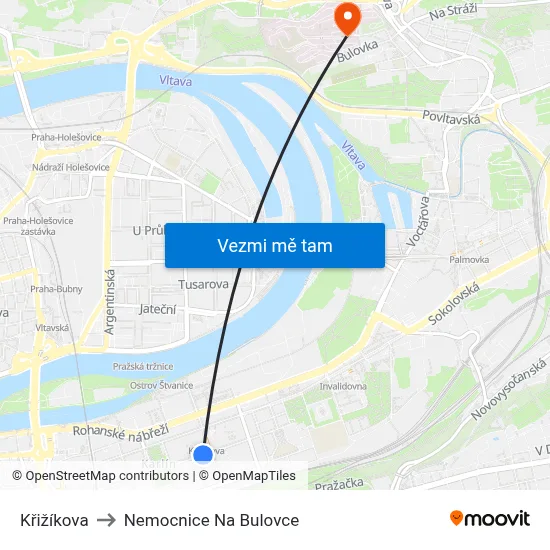 Křižíkova to Nemocnice Na Bulovce map
